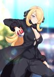  1girl black_coat black_pants black_shirt blonde_hair blurry blurry_background breasts cleavage closed_mouth coat cynthia_(pokemon) fur_collar grey_eyes hair_ornament hair_over_one_eye haryudanto highres holding holding_poke_ball large_breasts lens_flare long_hair looking_at_viewer pants poke_ball poke_ball_(basic) pokemon pokemon_(game) pokemon_dppt shirt smile solo very_long_hair 