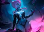  1girl black_thighhighs blue_skin breasts colored_skin dutch_angle elbow_gloves evelynn_(league_of_legends) facial_mark gloves highres kardie large_breasts league_of_legends lips looking_at_viewer navel open_mouth pink_hair revealing_clothes short_hair_with_long_locks solo thighhighs yellow_eyes 