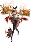  1girl animal_ears bear beer_mug black_bow black_bowtie black_leotard bow bowtie braid breasts brown_hair brown_pantyhose bunny_bunny_(reverse:1999) burger cake cape cheese chicken_leg cleavage cup cupcake detached_collar food fur-trimmed_cape fur_trim green_sash hair_bow head_wreath highres holding holding_tray hot_dog large_breasts leotard lettuce looking_at_viewer mug official_art open_mouth pantyhose playboy_bunny rabbit_ears rabbit_tail red_bow red_cape reverse:1999 sash skewer smile solo standing standing_on_one_leg tachi-e tail third-party_source too_much_food transparent_background tray turkey_(food) twin_braids wrist_cuffs 