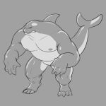  anthro awarebear cetacean dorsal_fin eyes_closed fin flukes grey_background male mammal marine mid_transformation muscular muscular_anthro muscular_male nipples nude simple_background solo standing tail transformation were werecetacean wereorca 