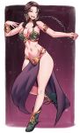  1girl absurdres bikini breasts brown_hair chain collar cosplay dorothea_arnault dracksart earrings fire_emblem fire_emblem:_three_houses fire_emblem_warriors:_three_hopes full_body green_eyes highres holding holding_chain jewelry large_breasts long_hair looking_at_viewer midriff navel official_alternate_hairstyle open_mouth pelvic_curtain princess_leia_organa_solo princess_leia_organa_solo_(cosplay) smile solo star_wars swimsuit 