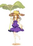  1girl absurdres barefoot blonde_hair blush brown_headwear closed_mouth full_body hat highres holding holding_leaf leaf leaf_umbrella long_hair long_sleeves moriya_suwako purple_skirt purple_vest seika_okawari shirt simple_background skirt smile solo standing standing_on_one_leg tongue tongue_out touhou vest white_background white_shirt wide_sleeves yellow_eyes 