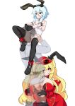  2girls animal_ears anne_bonny_(fate) blonde_hair breasts fate/grand_order fate_(series) fujimaru_ritsuka_(male) hat highres isemagu large_breasts long_hair mary_read_(fate) masturbation masturbation_through_clothes multiple_girls scar scar_on_face short_hair 