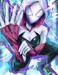  1girl adjusting_clothes adjusting_gloves aqua_footwear bodysuit breasts gloves gwen_stacy highres hood hooded_bodysuit jellycaaakes looking_at_viewer marvel medium_breasts skin_tight spider-gwen spider-man:_across_the_spider-verse spider-man:_into_the_spider-verse spider-man_(series) spider_web_print superhero 