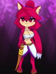  absurd_res anthro armor asami_the_cat big_breasts black_nose breasts clothed clothing costume digital_media_(artwork) ear_piercing fan_character feet female footwear fur hair hi_res humanoid long_hair melee_weapon piercing red_body red_eyes red_fur red_hair sandals sega simple_background smile solo sonic_the_hedgehog_(series) sword tail unknown_artist weapon 