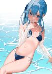  1girl bare_shoulders bikini blue_bikini blue_eyes blue_hair blue_nails blush breasts cleavage hair_between_eyes highres hololive hoshimachi_suisei medium_hair navel open_mouth small_breasts solo stomach swimsuit takeno_omoti virtual_youtuber water 