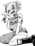  1girl ametaro_(ixxxzu) bags_under_eyes blood boku_no_hero_academia boots bracelet character_doll choker crop_top double_bun fangs greyscale hair_bun heart_pendant highres jewelry kneeling looking_at_viewer medium_hair midoriya_izuku monochrome narrowed_eyes necklace open_mouth shigaraki_tomura sidelocks solo toga_himiko tongue tongue_out 