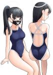  1girl absurdres alternate_hairstyle ass back_cutout bags_under_eyes bare_legs black_eyes black_hair black_mask blue_archive blue_one-piece_swimsuit blunt_bangs breasts chuo8008 clothing_cutout collarbone feet_out_of_frame groin halo highres invisible_chair long_hair looking_at_viewer mask medium_breasts mouth_mask multiple_views one-piece_swimsuit side_ponytail simple_background sitting straight_hair sukeban_(smg)_(blue_archive) swimsuit white_background x 