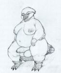  anthro avian balls beak bird breasts feathers furniture genitals herm hi_res intersex nipples overweight penis slightly_chubby solo stool tail_feathers traditional_media_(artwork) winged_arms wings yang_(artist) 
