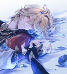 2boys alhaitham_(genshin_impact) black_gloves blonde_hair blue_flower cape closed_mouth commentary_request earrings flower genshin_impact gloves gold_earrings gold_trim hair_between_eyes hair_ornament half-closed_eyes highres holding_hands jewelry kaveh_(genshin_impact) laki_(10stxx) long_sleeves looking_at_viewer lying male_focus medium_hair multiple_boys on_back partially_fingerless_gloves petals pov red_cape red_eyes shirt smile solo_focus upper_body white_shirt wide_sleeves yaoi 