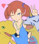  1girl 2boys agumon b6kqhrvxnugvdph black_bra blue_eyes bra digimon digimon_(creature) digimon_story:_cyber_sleuth fangs gabumon green_eyes heart highres multiple_boys reptile shiramine_nokia tagme twintails underwear v 