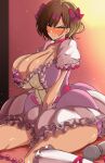  1girl absurdres anal_beads angry areola_slip blush bow bra breasts brown_hair bubble_skirt choker clenched_teeth cosplay covered_erect_nipples hair_bow highres higuchi_madoka hitachi_magic_wand idolmaster idolmaster_shiny_colors kaname_madoka kaname_madoka_(cosplay) large_breasts mahou_shoujo_madoka_magica name_connection nipples_visible_through_clothes rihito_akane sex_toy sitting skirt solo teeth underwear vibrator wariza yellow_eyes 