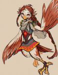  anthro avian beak bird bottomwear braided_hair breath_of_the_wild clothed clothing emilyedraws feathers female gesture hair headgear headwear hi_res looking_at_viewer medli nintendo red_body red_eyes red_feathers red_hair rito rosy_cheeks simple_background solo tail_feathers talons tan_background tears_of_the_kingdom the_legend_of_zelda topwear traditional_media_(artwork) waving white_body white_feathers wind_waker winged_arms wings yellow_beak yellow_talons 