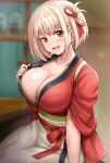  1girl apron areola_slip bar_(place) blonde_hair breasts cleavage collarbone hair_ribbon highres indoors japanese_clothes kimono large_breasts light_blush looking_at_viewer lycoris_recoil nishikigi_chisato no_bra obi open_mouth r-binon red_eyes red_kimono red_ribbon revision ribbon sash short_hair sitting smile solo underwear 