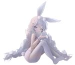  +_+ 1girl absurdres animal_ears azur_lane braid commentary e_name fake_animal_ears fake_tail green_eyes highres le_malin_(azur_lane) le_malin_(listless_lapin)_(azur_lane) long_hair looking_at_viewer no_shoes official_alternate_costume pantyhose rabbit_ears rabbit_tail simple_background sitting solo symbol-only_commentary tail twin_braids very_long_hair white_background white_hair white_pantyhose wrist_cuffs 