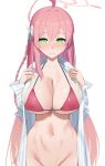  1girl absurdres ahoge blue_archive blush breasts cleavage closed_mouth collarbone groin hanako_(blue_archive) highres huge_breasts looking_at_viewer navel pink_hair rk_(cc15915r) simple_background smile solo stomach white_background 
