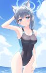  1girl absurdres animal_ear_fluff animal_ears black_one-piece_swimsuit blue_archive blue_eyes blue_sky breasts cloud competition_swimsuit covered_navel cross_hair_ornament extra_ears grey_hair hair_ornament halo highres hitsuji_(myn_mei) horizon looking_at_viewer low_ponytail medium_breasts medium_hair mismatched_pupils multicolored_clothes multicolored_swimsuit ocean official_alternate_costume one-piece_swimsuit shiroko_(blue_archive) shiroko_(swimsuit)_(blue_archive) sky solo standing swimsuit wolf_ears 