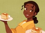  1girl brown_eyes brown_hair butter dark-skinned_female dark_skin food green_background grin happy holding holding_plate kiri_futoshi long_hair pancake pancake_stack plate shirt simple_background smile syrup the_princess_and_the_frog tiana_(the_princess_and_the_frog) upper_body very_dark_skin whipped_cream yellow_shirt 
