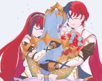  1boy 2girls alear_(female)_(fire_emblem) alear_(fire_emblem) alear_(male)_(fire_emblem) bird black_gloves blue_hair bouquet cape closed_eyes closed_mouth crow d_kenpis fire_emblem fire_emblem_engage flower gloves hair_between_eyes highres holding holding_bouquet hug long_hair long_sleeves lumera_(fire_emblem) mother&#039;s_day mother_and_daughter mother_and_son multicolored_hair multiple_girls open_mouth red_hair ribbon short_hair tiara two-tone_hair very_long_hair 