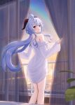  1girl absurdres ahoge balcony bare_shoulders blue_hair blush breasts curtains dusk from_behind ganyu_(genshin_impact) genshin_impact highres holy_guagua horns indoors long_hair looking_at_viewer looking_back low_ponytail medium_breasts off_shoulder purple_eyes shirt sidelocks smile solo standing white_shirt white_sleeves 