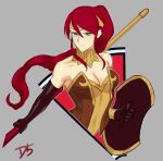  1girl bare_shoulders black_gloves breasts circlet collarbone cropped_torso drill_(emilio) elbow_gloves gloves green_eyes grey_background hair_between_eyes highres holding holding_polearm holding_shield holding_weapon large_breasts light_smile long_hair looking_at_viewer polearm pyrrha_nikos red_hair rwby shield short_ponytail simple_background solo spear strapless upper_body weapon 