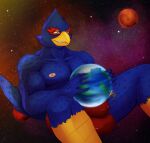  absurd_res anthro avian bird blue_body bulge clothing detailed_bulge falco_lombardi grabbing hi_res jackrinzler macro male nintendo planet sitting solo space speedo star_fox swimwear terra_macro 