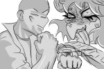  3:2 5_fingers anon_(snoot_game) anthro bald clothed clothing dinosaur duo female fingers fist greyscale hair human male mammal monochrome ornithischian reptile scalie simple_background snoot_game stegosaurian stegosaurus stella_(snoot_game) thyreophoran tongue tongue_out unknown_artist vein yu-gi-oh! 