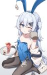  1girl absurdres animal_ears bare_shoulders blue_eyes blue_hair blue_leotard blush breasts clothes_down collarbone cup di_le_to disembodied_limb drink drinking_glass ear_tag fake_animal_ears highres holding holding_tray jacket leotard light_blue_hair long_hair looking_at_viewer no_shoes one_eye_closed original pantyhose playboy_bunny rabbit_ears sitting small_breasts solo tray very_long_hair white_jacket 