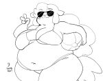  2023 anaugi anthro ball beach_ball belly_overhang big_breasts bikini black_and_white bovid breasts caprine clothing english_text eyewear female gesture hair hair_over_eye holding_object huge_hips huge_thighs inflatable mammal midriff monochrome navel one_eye_obstructed overweight overweight_female sheep shep_(anaugi) signature simple_background sketch smile solo sunglasses swimwear text thick_thighs v_sign white_background 