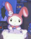  anthro drawing_tablet female flower_on_hat heika_(artist) lagomorph leporid mammal my_melody onegai_my_melody poster rabbit sanrio solo tired_eyes 