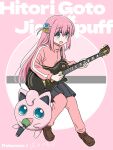  1girl absurdres blue_eyes bocchi_the_rock! crossover cube_hair_ornament electric_guitar full_body gibson_les_paul gotoh_hitori grey_skirt guitar hair_ornament highres instrument jacket jigglypuff long_hair looking_at_viewer oekaki_bibbi one_side_up pants pink_hair pink_jacket pink_pants pink_track_suit pleated_skirt pokemon pokemon_(creature) skirt track_jacket 