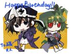  2others aaayamitsu adagumo_no_saragimaru androgynous black_eyes black_hair black_shirt black_sleeves blunt_bangs capelet chibi frilled_hat frills green_hair hair_ornament hat hood hooded_jacket jacket len&#039;en mob_cap multiple_others puffy_shorts purple_capelet purple_footwear purple_jacket red_eyes shirt shitodo_kuroji short_hair short_ponytail shorts snake_hair_ornament snake_tail tail triangular_headpiece white_shorts wide_sleeves 