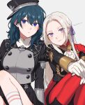  2girls blue_eyes byleth_(female)_(fire_emblem) byleth_(fire_emblem) cape closed_mouth edelgard_von_hresvelg fire_emblem fire_emblem:_three_houses garreg_mach_monastery_uniform gloves hair_ornament hair_ribbon highres long_hair long_sleeves looking_at_viewer multiple_girls official_alternate_costume peach11_01 purple_eyes red_cape ribbon sideways_hat simple_background smile uniform white_hair 