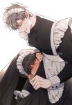  2boys apron black_hair blush buttons closed_eyes grey_hair highres ilay_riegrow jeong_taeui long_sleeves looking_down maid maid_apron male_focus multiple_boys o_ssion parted_lips passion_(manhwa) simple_background smelling smile sweatdrop twitter_username upper_body white_background yaoi 
