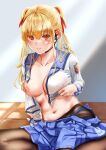  1girl angel_beats! arm_at_side arm_support black_pantyhose blonde_hair blue_panties blue_sailor_collar blue_skirt blurry blurry_background blush breasts cleavage closed_mouth clothes_lift clothes_pull collarbone commentary_request covered_nipples curvy earpiece eyelashes eyes_visible_through_hair fine_fabric_emphasis hair_between_eyes hair_over_shoulder hair_ribbon highres indoors large_breasts lifted_by_self lips long_hair long_sleeves miniskirt navel nipples no_bra noir_(nowaru) open_clothes open_shirt orange_eyes paid_reward_available panties panty_peek pantyhose pleated_skirt plump red_ribbon ribbon sailor_collar shinda_sekai_sensen_uniform shiny_skin shirt shirt_lift signature sitting skindentation skirt skirt_pull solo stomach twintails underwear white_shirt yokozuwari yusa_(angel_beats!) 
