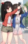  2girls :o arm_up black_hair blue_cardigan blue_eyes blurry blurry_background blush cardigan cellphone commentary comodomodo cropped_shirt depth_of_field dress english_commentary feet_out_of_frame flat_chest green_shorts hair_bobbles hair_ornament highres holding holding_phone jewelry long_hair long_sleeves midriff multiple_girls navel open_mouth original outdoors parted_lips pendant phone red_cardigan red_eyes selfie shirt short_dress short_shorts shorts single_bare_shoulder smartphone star_(symbol) two_side_up waving white_dress white_shirt 