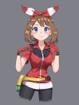  1girl adapted_costume bike_shorts blue_eyes bow_hairband breasts brown_hair closed_mouth collared_shirt commentary fanny_pack gloves grey_background hair_ornament hairband hairclip hands_up highres leovic looking_at_viewer may_(pokemon) pokemon pokemon_(game) pokemon_oras red_gloves red_hairband red_shirt shirt short_sleeves simple_background smile solo yellow_bag zipper zipper_pull_tab 