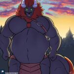  2023 abdominal_bulge belly big_belly bottomwear clenched_teeth clothing fangs fist front_view fur glowing glowing_eyes hi_res horn licking licking_lips loincloth looking_at_viewer lynel male mane monster navel nintendo patreon pecs signature smile smiling_at_viewer solo tanio taur teeth the_legend_of_zelda tongue tongue_out vore 