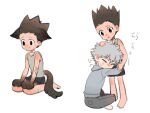  2boys animal_ears animal_hands bandaid bandaid_on_arm bandaid_on_face bandaid_on_leg bandaid_on_neck barefoot black_shorts brown_hair closed_mouth commentary floppy_ears frown gon_freecss grey_hoodie grey_pants grey_shirt hand_on_another&#039;s_arm hand_on_another&#039;s_head hands_on_lap highres hood hood_down hoodie hug hunter_x_hunter injury kemonomimi_mode killua_zoldyck kneeling long_sleeves maosishu multiple_boys pants pocket scrape shirt short_hair shorts sitting sleeveless sleeveless_shirt spiked_hair tail tank_top teardrop translation_request v-shaped_eyebrows white_hair 