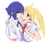  2girls ahoge asymmetrical_sidelocks atenaba black_ribbon blonde_hair blue_hair blush bocchi_the_rock! bow bowtie clenched_hand collared_shirt cropped_arms cropped_torso dot_mouth expressionless face-to-face from_side hair_ornament hair_over_eyes hairclip hand_on_another&#039;s_shoulder highres ijichi_nijika long_hair looking_at_viewer multiple_girls neck_ribbon red_bow red_bowtie red_eyes ribbon school_uniform shimokitazawa_high_school_uniform shirt short_hair short_sleeves side_ponytail white_background white_shirt yamada_ryou yellow_eyes yuri 