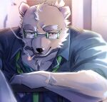  1boy animal_ears bara bear_boy bear_ears cigarette doku_(hitori_ox) furry furry_male glasses green-framed_eyewear green_necktie highres huge_eyebrows leib_(housamo) loose_necktie male_focus mature_male necktie pectoral_cleavage pectorals short_hair smoking solo tokyo_afterschool_summoners upper_body 