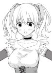  1girl :d blush breasts collarbone commentary_request corset dot_nose elbow_gloves gloves greyscale hair_between_eyes highres idoly_pride kawasaki_sakura_(idoly_pride) large_breasts long_bangs looking_at_viewer momori_mitsuba monochrome open_mouth raised_eyebrows shirt short_hair short_twintails sidelocks sleeveless sleeveless_shirt smile solo straight-on twintails upper_body 