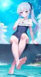  1girl absurdres barefoot blue_archive blue_eyes blue_hair blue_one-piece_swimsuit casual_one-piece_swimsuit cloud covered_navel crossed_legs feet halo hand_on_own_chest highres kinoshita_ringo_(ryve5758) legs long_hair looking_at_viewer miyako_(blue_archive) miyako_(swimsuit)_(blue_archive) one-piece_swimsuit outdoors ponytail ribbon sitting sky smile soles solo sun swimsuit thighs toes water 