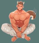  1boy abs animal_ears bara crossed_legs dog_boy dog_ears dog_tail eyebrow_cut fang fang_out full_body highres large_pectorals looking_at_viewer male_focus male_underwear male_underwear_peek mature_male muscular muscular_male navel navel_hair nipples original pectoral_squeeze pectorals short_hair sideburns solo stomach tail thick_eyebrows topless_male underwear v-shaped_eyebrows v_arms white_male_underwear youchi123 