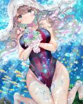  1girl barefoot bouquet breasts bridal_veil commentary_request competition_swimsuit covered_navel fish green_eyes grey_hair groin highres kneeling large_breasts long_hair multicolored_clothes multicolored_swimsuit ogata_tei one-piece_swimsuit original solo swimsuit thigh_gap underwater veil 