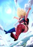  1girl akina_bbw armpits artist_name blonde_hair blue_sky blush boots breasts character_request cloud commentary_request copyright_request day full_body high_heels highres jpeg_artifacts knee_boots large_breasts long_hair open_mouth outdoors plump red_lips sky skydive solo thick_arms thick_thighs thigh_boots thighhighs thighs twitter_username 