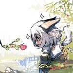  &gt;_&lt; :d animal apple closed_eyes commentary_request day dress flying_sweatdrops food fox from_side fruit highres horns japanese_clothes kimono leaning_forward long_sleeves mouth_hold outdoors profile puddle red_apple red_eyes sketch smile sparkle water white_dress white_hair white_kimono wide_sleeves yuuji_(yukimimi) 