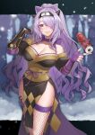  1girl absurdres bare_shoulders breasts camilla_(fire_emblem) camilla_(ninja)_(fire_emblem) cleavage commission commissioner_upload fingerless_gloves fire_emblem fire_emblem_fates fire_emblem_heroes fishnet_thighhighs fishnets flower gauntlets gloves hair_over_one_eye highres holding holding_scroll japanese_clothes kimono kunai kuzunue large_breasts ninja non-web_source obi official_alternate_costume official_alternate_hairstyle purple_eyes purple_hair purple_nails red_flower rose sash scroll skeb_commission solo thighhighs wavy_hair weapon 