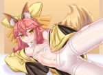  1girl :3 absurdres animal_ears blush bow breasts chest_sarashi commission corsairzero11 cowboy_shot fate/samurai_remnant fate_(series) fox_ears fox_girl fox_tail hair_bow highres japanese_clothes kimono long_hair looking_at_viewer lying navel on_side open_clothes open_kimono pantyhose pink_hair sarashi short_eyebrows small_breasts smile solo tail tamamo_(fate) tamamo_aria torn_clothes torn_pantyhose white_pantyhose yellow_eyes yellow_kimono 