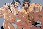  2boys abs bara black_hair bulge chest_hair daikoku_(housamo) facial_hair fundoshi glasses horns japanese_clothes large_pectorals long_sideburns looking_at_viewer male_focus multicolored_hair multiple_boys muscular muscular_male navel nipples pectorals red_eyes rybiok short_hair sideburns smile takemaru_(housamo) teeth tokyo_afterschool_summoners two-tone_hair white_hair 